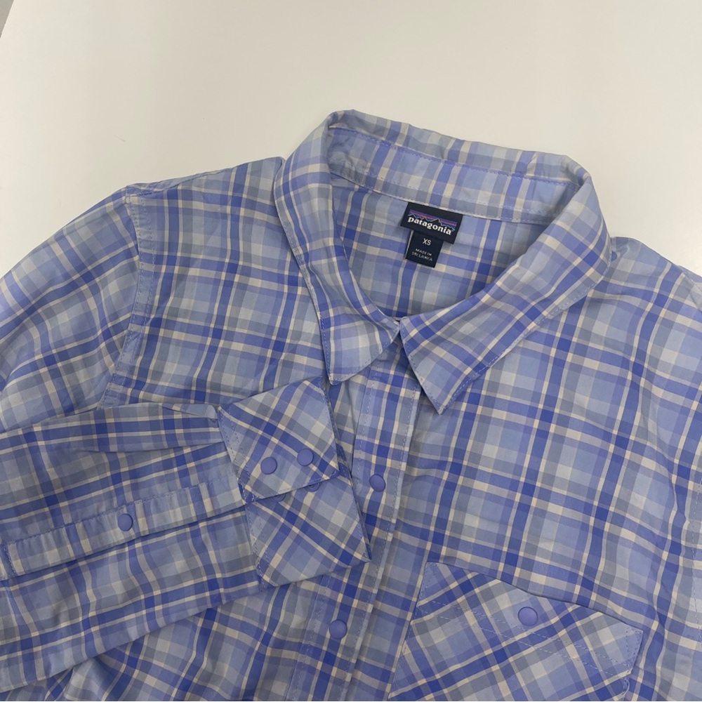 Patagonia Worn Wear Women Long Sleeve Blue White Plaid Snap Closure Shirt Sz XS